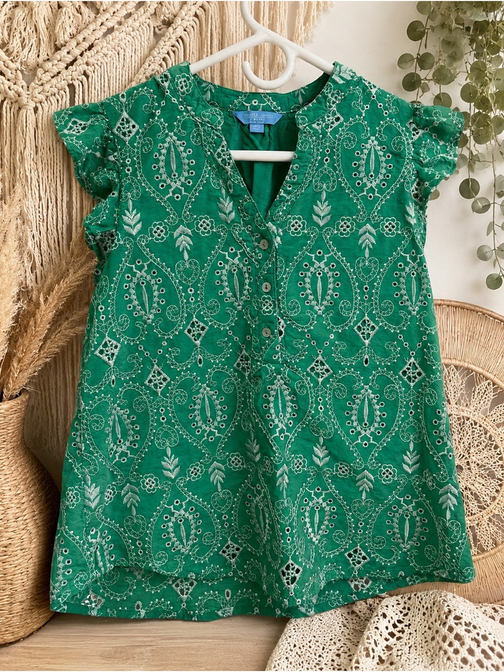 Draper James RSVP Green Embroidered V-Neck BLOUSE